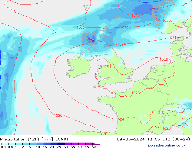 Totale neerslag (12h) ECMWF do 09.05.2024 06 UTC