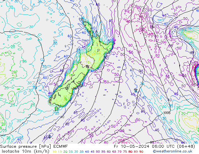 Isotachs (kph) ECMWF Fr 10.05.2024 06 UTC