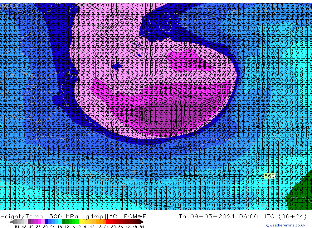 Height/Temp. 500 hPa ECMWF Čt 09.05.2024 06 UTC