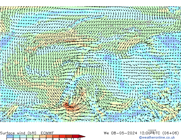 Wind 10 m (bft) ECMWF wo 08.05.2024 12 UTC
