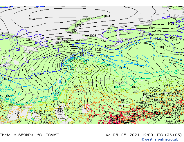 Theta-e 850hPa ECMWF wo 08.05.2024 12 UTC