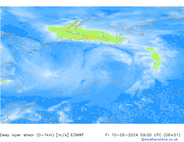 Deep layer shear (0-1km) ECMWF Fr 10.05.2024 09 UTC