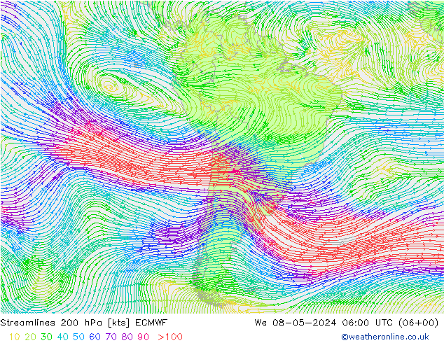 Linia prądu 200 hPa ECMWF śro. 08.05.2024 06 UTC