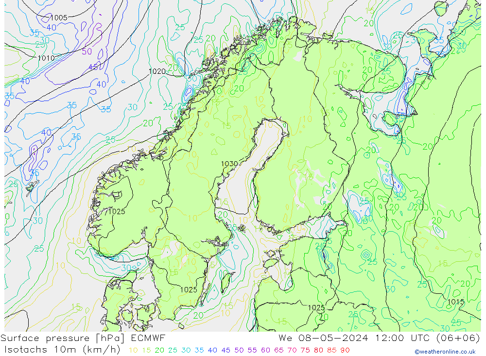 Isotachen (km/h) ECMWF Mi 08.05.2024 12 UTC