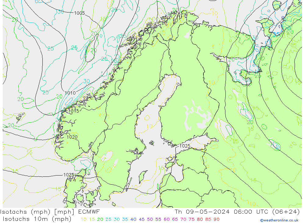 Isotachs (mph) ECMWF Čt 09.05.2024 06 UTC