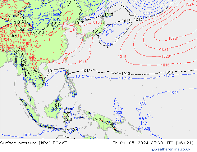 Presión superficial ECMWF jue 09.05.2024 03 UTC