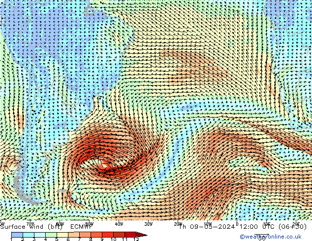 Wind 10 m (bft) ECMWF do 09.05.2024 12 UTC
