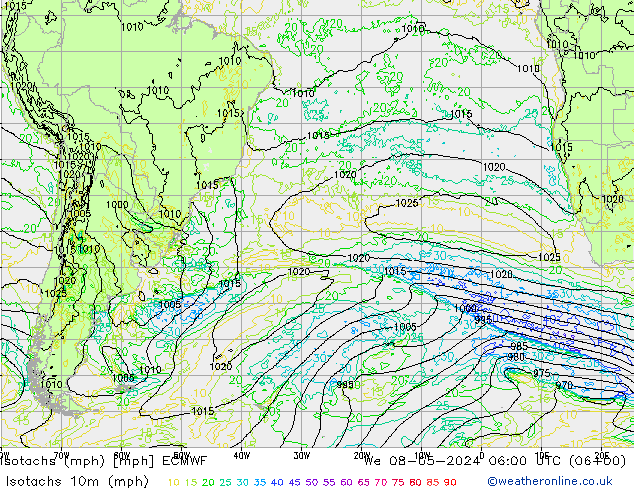 Eşrüzgar Hızları mph ECMWF Çar 08.05.2024 06 UTC