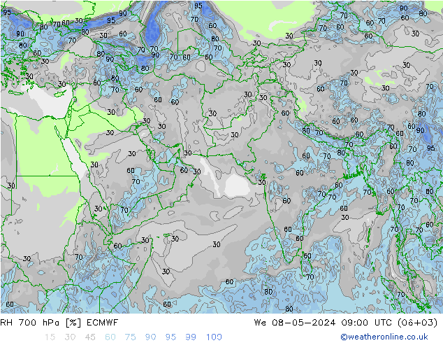 Humidité rel. 700 hPa ECMWF mer 08.05.2024 09 UTC
