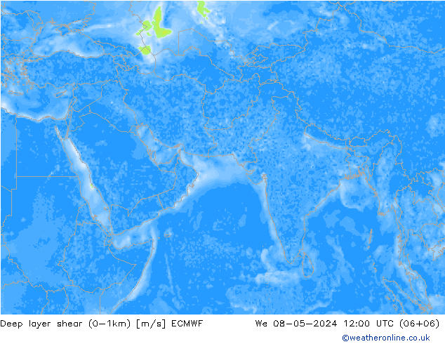 Deep layer shear (0-1km) ECMWF 星期三 08.05.2024 12 UTC