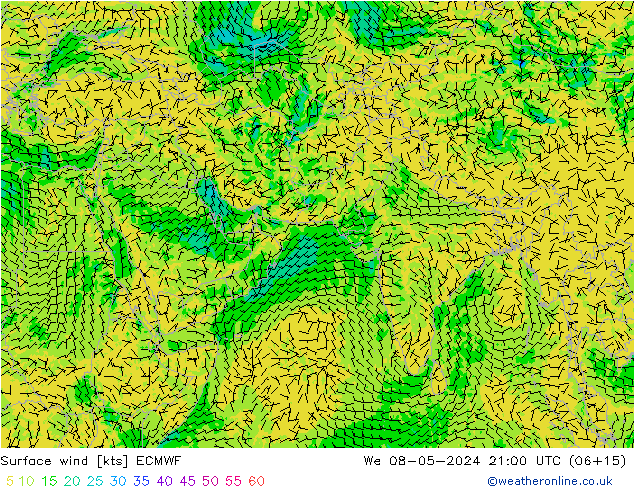 Vent 10 m ECMWF mer 08.05.2024 21 UTC