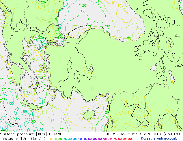 Isotachs (kph) ECMWF Th 09.05.2024 00 UTC