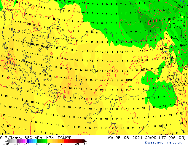 SLP/Temp. 850 hPa ECMWF mer 08.05.2024 09 UTC