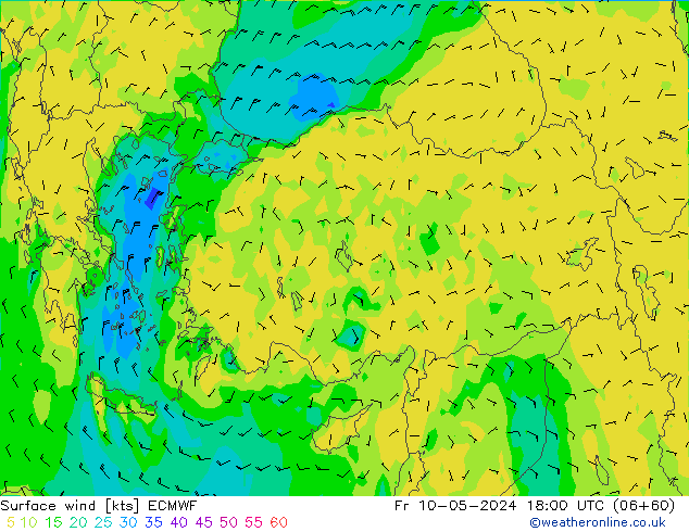 Vento 10 m ECMWF Sex 10.05.2024 18 UTC