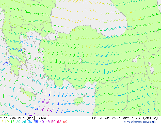 wiatr 700 hPa ECMWF pt. 10.05.2024 06 UTC