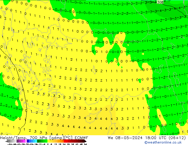 Hoogte/Temp. 700 hPa ECMWF wo 08.05.2024 18 UTC