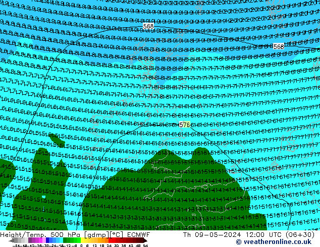 Z500/Rain (+SLP)/Z850 ECMWF jue 09.05.2024 12 UTC