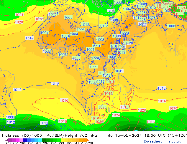 Schichtdicke 700-1000 hPa ECMWF Mo 13.05.2024 18 UTC