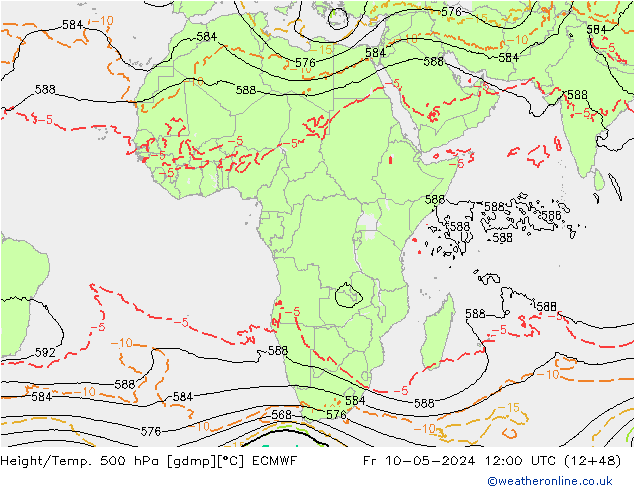 Z500/Rain (+SLP)/Z850 ECMWF Fr 10.05.2024 12 UTC