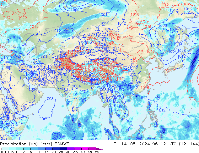 Totale neerslag (6h) ECMWF di 14.05.2024 12 UTC