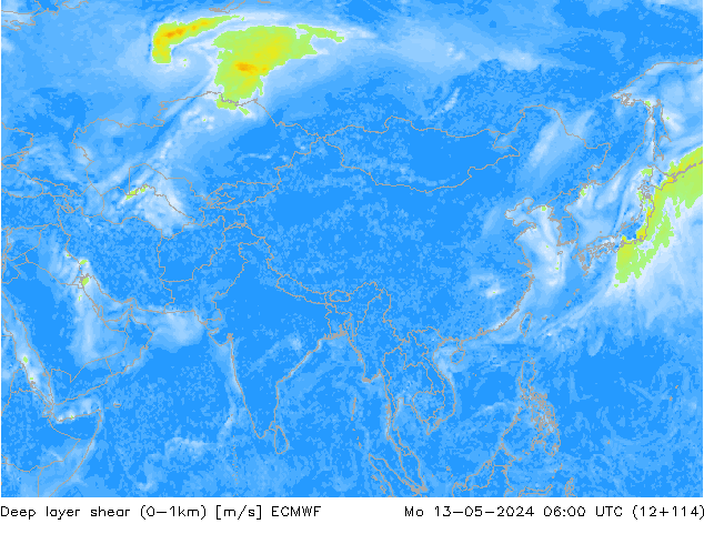 Deep layer shear (0-1km) ECMWF lun 13.05.2024 06 UTC