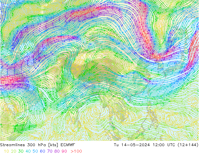 Linea di flusso 300 hPa ECMWF mar 14.05.2024 12 UTC