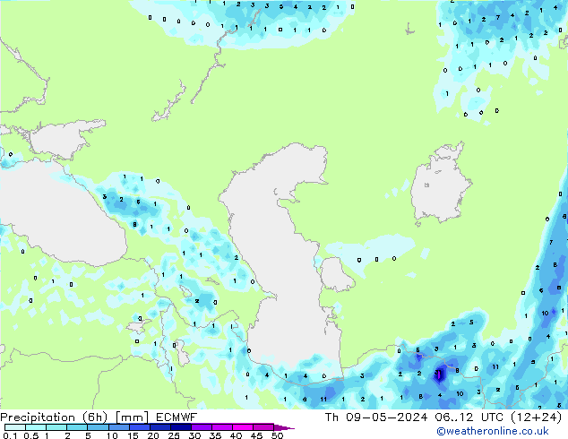 Totale neerslag (6h) ECMWF do 09.05.2024 12 UTC