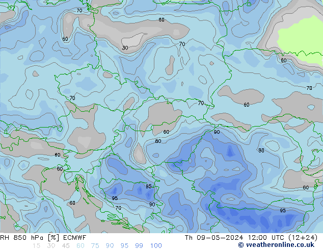 Humidité rel. 850 hPa ECMWF jeu 09.05.2024 12 UTC