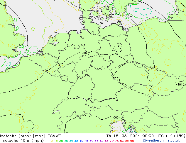 Isotaca (mph) ECMWF jue 16.05.2024 00 UTC