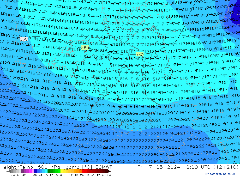 Hoogte/Temp. 500 hPa ECMWF vr 17.05.2024 12 UTC