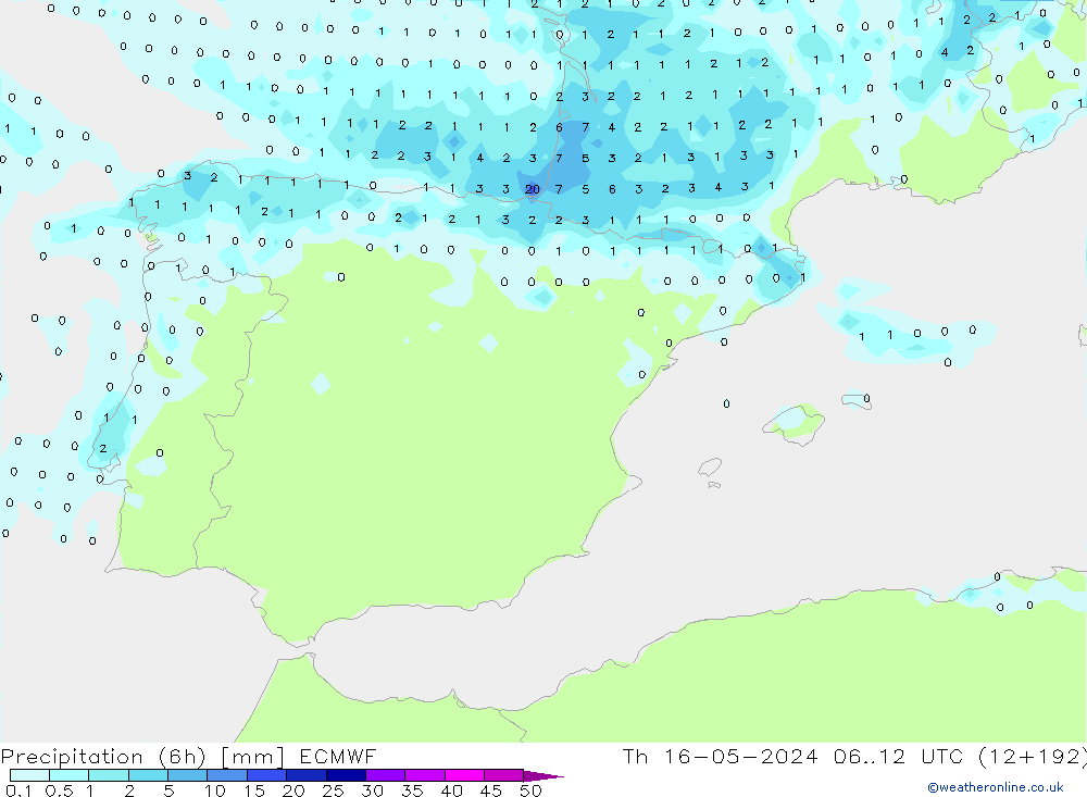Precipitation (6h) ECMWF Th 16.05.2024 12 UTC