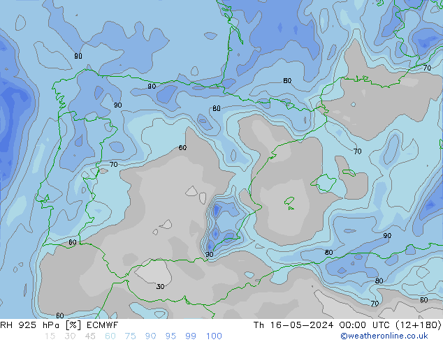 Humidité rel. 925 hPa ECMWF jeu 16.05.2024 00 UTC