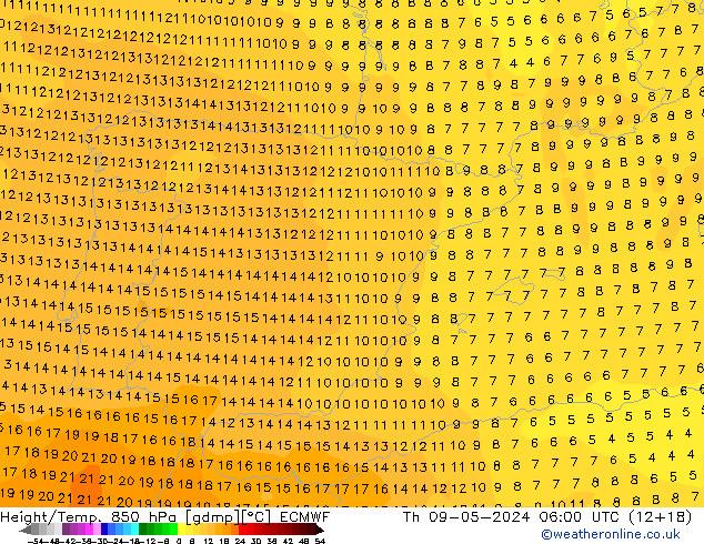 Hoogte/Temp. 850 hPa ECMWF do 09.05.2024 06 UTC