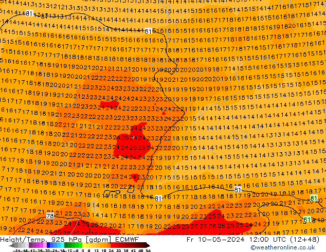 Yükseklik/Sıc. 925 hPa ECMWF Cu 10.05.2024 12 UTC