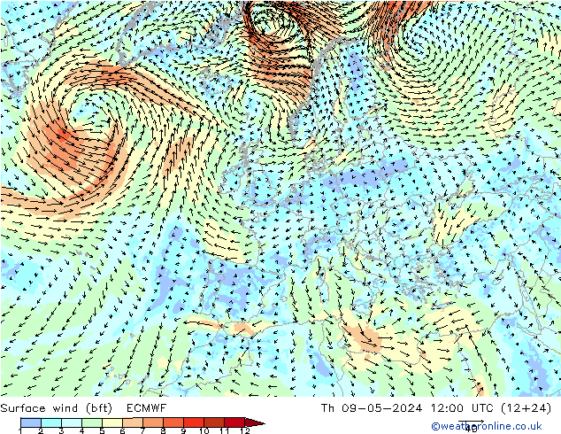 Bodenwind (bft) ECMWF Do 09.05.2024 12 UTC