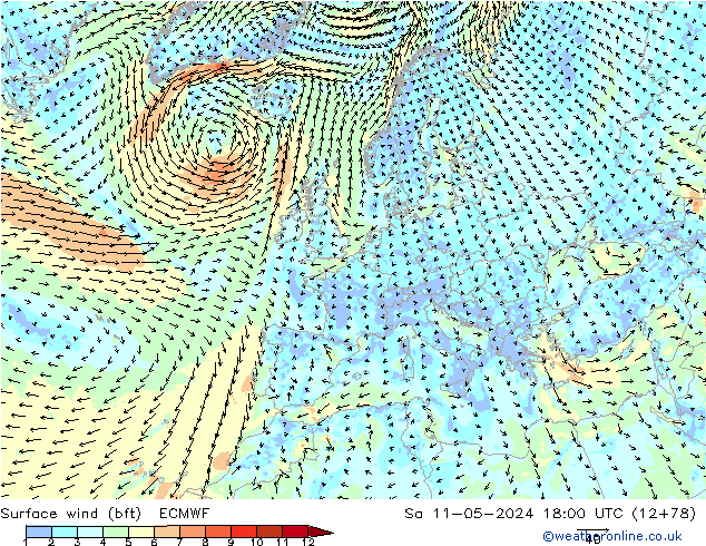 Wind 10 m (bft) ECMWF za 11.05.2024 18 UTC