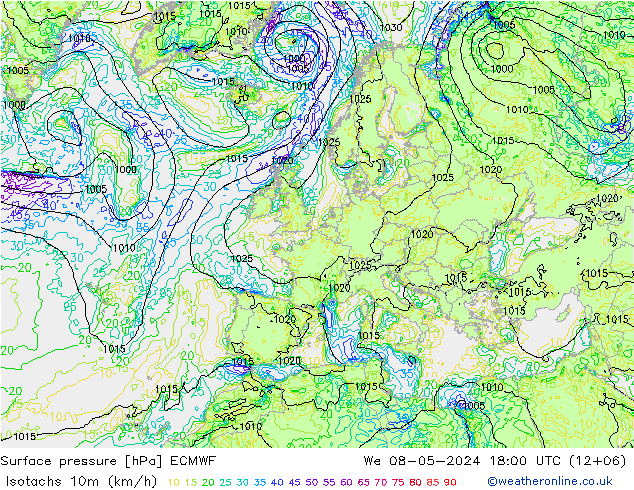 10米等风速线 (kph) ECMWF 星期三 08.05.2024 18 UTC