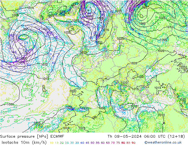 Isotachen (km/h) ECMWF do 09.05.2024 06 UTC