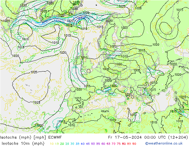 Isotachen (mph) ECMWF Fr 17.05.2024 00 UTC