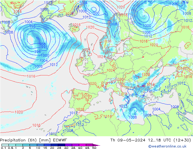 Z500/Rain (+SLP)/Z850 ECMWF jue 09.05.2024 18 UTC