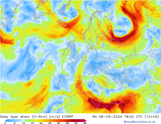 Deep layer shear (0-6km) ECMWF 星期三 08.05.2024 18 UTC