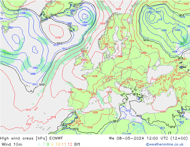 High wind areas ECMWF mié 08.05.2024 12 UTC