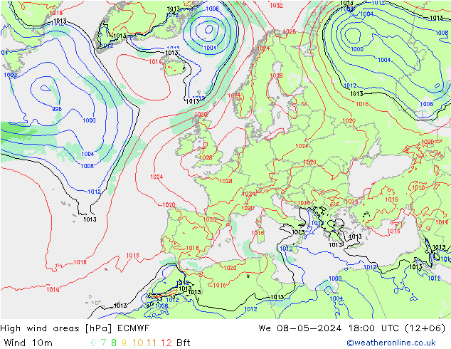 High wind areas ECMWF 星期三 08.05.2024 18 UTC