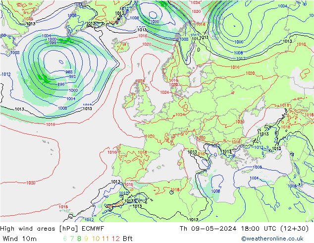 High wind areas ECMWF Th 09.05.2024 18 UTC