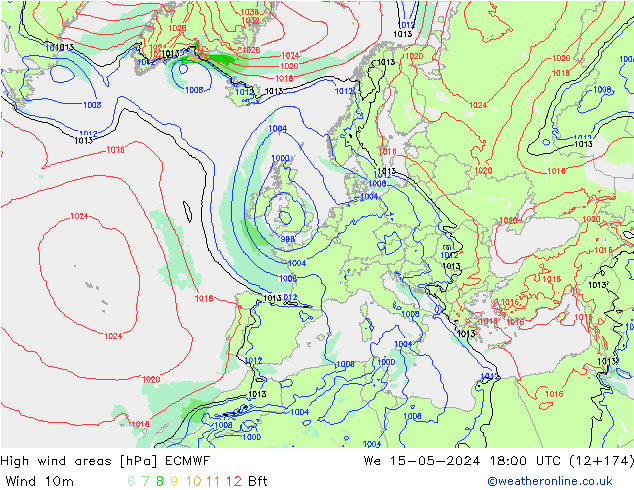 High wind areas ECMWF We 15.05.2024 18 UTC