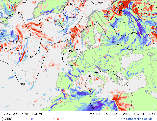 T-Adv. 850 hPa ECMWF 星期三 08.05.2024 18 UTC