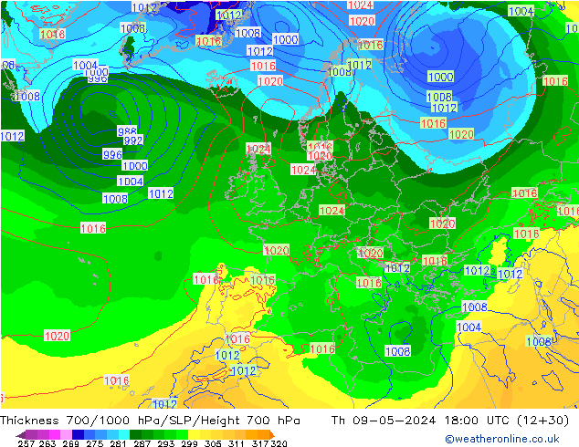 Thck 700-1000 hPa ECMWF Qui 09.05.2024 18 UTC