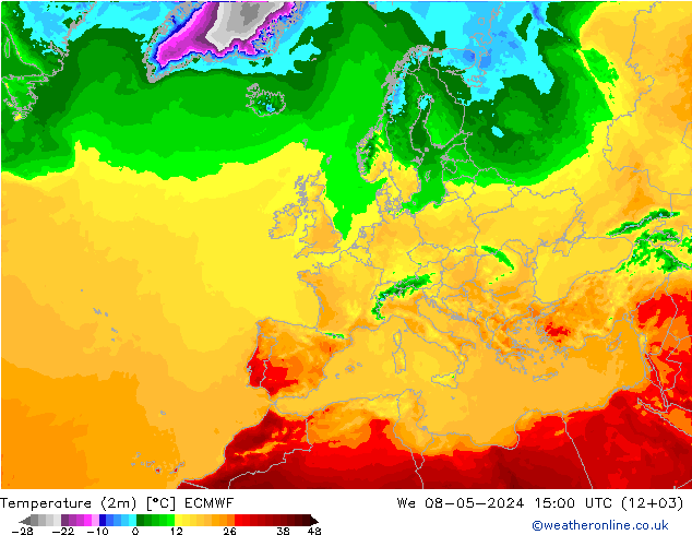 Temperatuurkaart (2m) ECMWF wo 08.05.2024 15 UTC