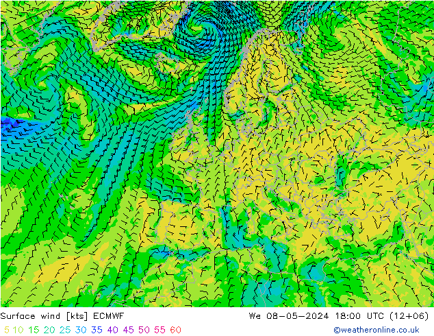 Surface wind ECMWF We 08.05.2024 18 UTC