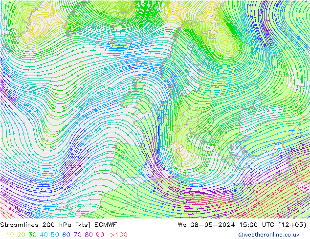 Línea de corriente 200 hPa ECMWF mié 08.05.2024 15 UTC